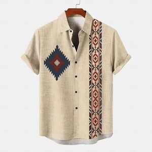 Ouku, size XL, linen blend cream Aztec themed button down shirt